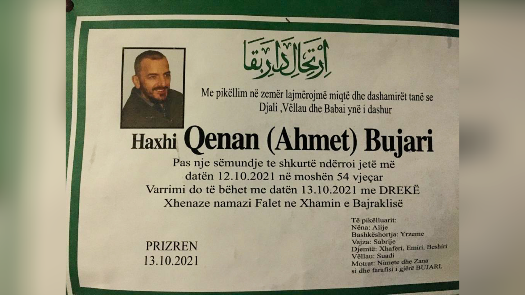 Ndërroi jetë Haxhi Qenan Bujari veprimtar nga Prizreni