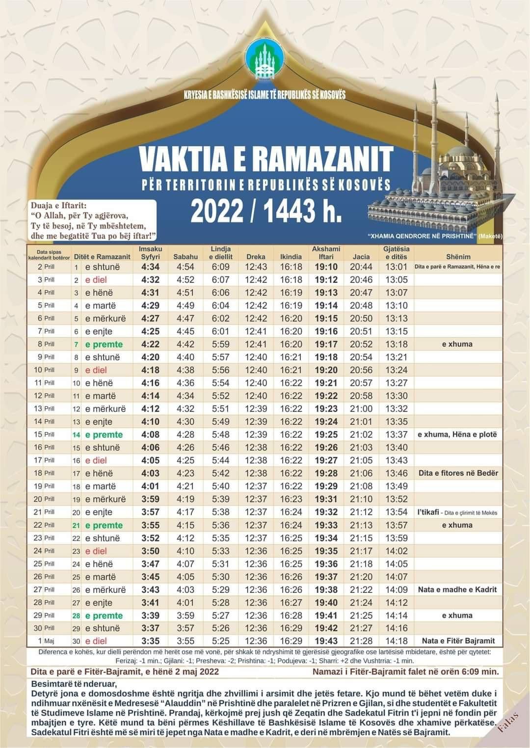 Vaktia e Ramazanit për territorin e Kosovës 2022