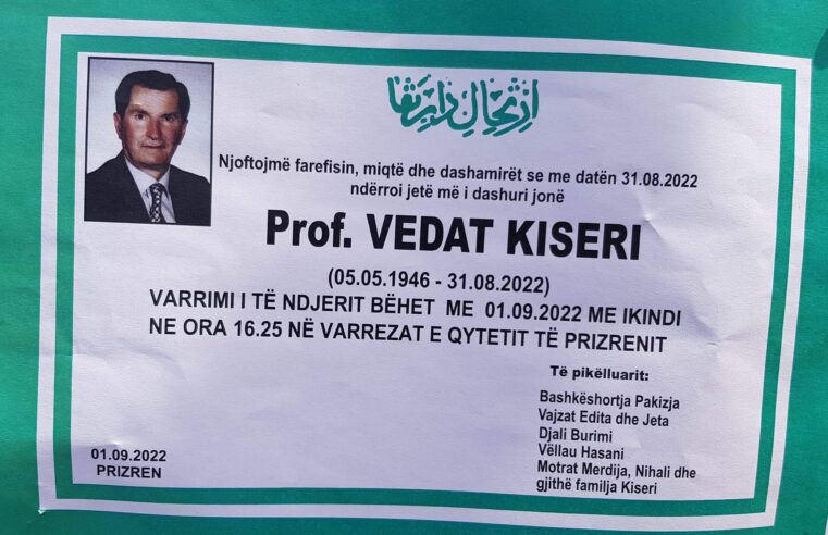 Ndërron jetë Prof.Dr. Vedat Kiseri, veteran i arsimit në Prizren