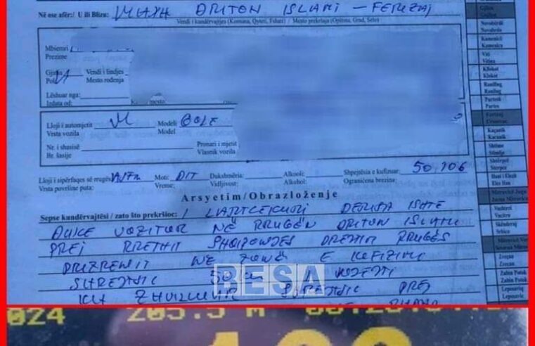 Në zonën 50 km/h voziti 106 km/h, shoferi gjobitet me 500 euro dhe i merret leja për 1 vit