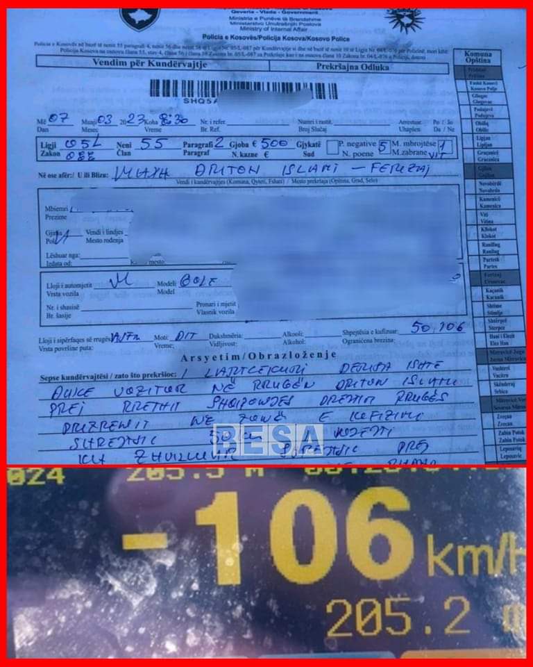 Në zonën 50 km/h voziti 106 km/h, shoferi gjobitet me 500 euro dhe i merret leja për 1 vit