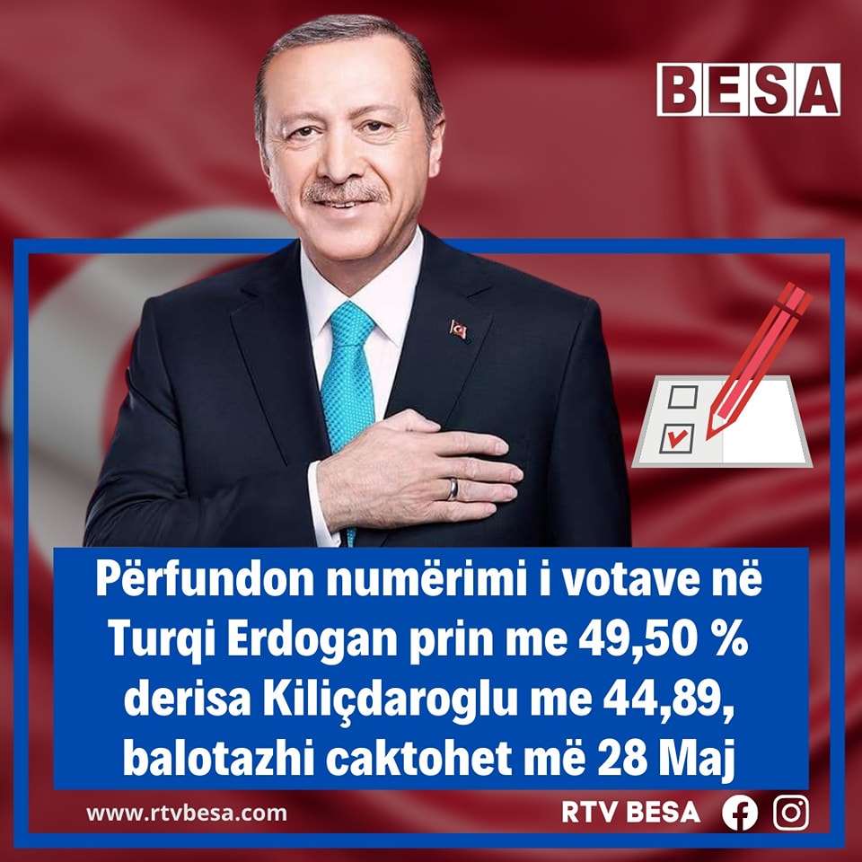 Përfundon numërimi i votave në 🇹🇷 Erdogan prin me 49,50 % derisa Kiliçdaroglu me 44,89, balotazhi caktohet më 28 Maj