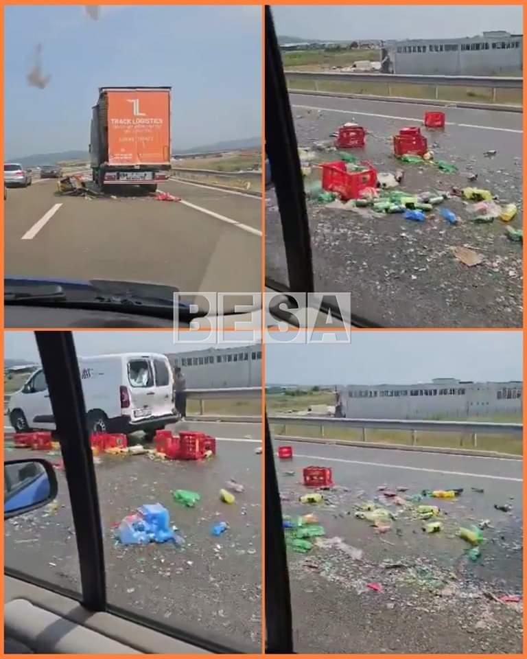 🔴Aksident trafiku në autosradën “Arben Xhaferi” në Lipjan, asfalti mbushet me pije