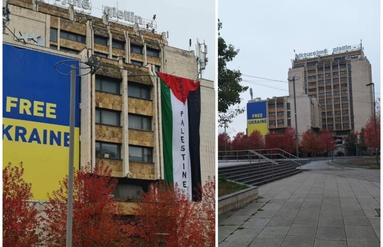 Vendoset, e pastaj largohet flamuri i Palestinës në Hotel Grand në Prishtinë afër ku është shpalosur edhe ai i Ukrainës