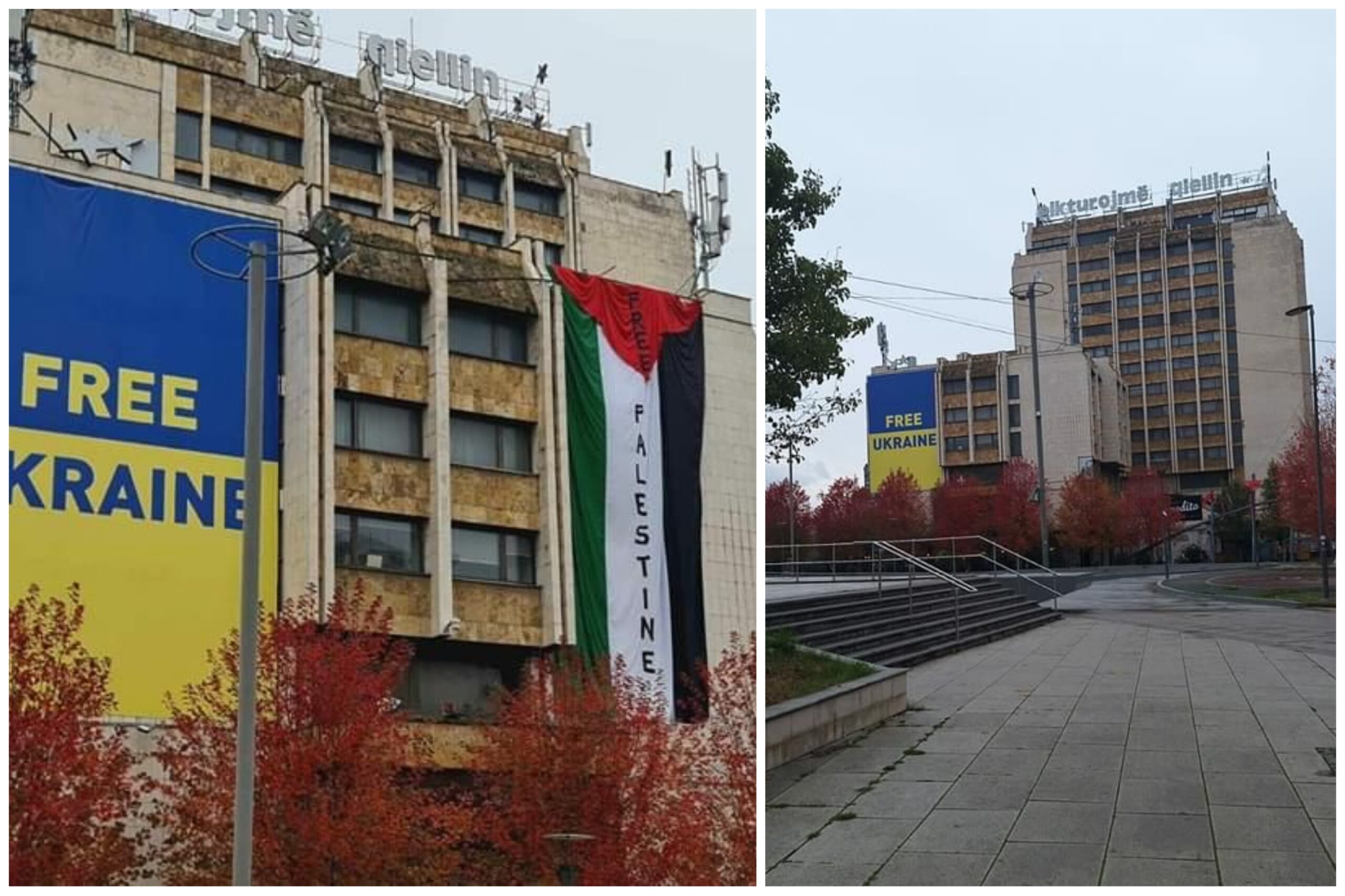 Vendoset, e pastaj largohet flamuri i Palestinës në Hotel Grand në Prishtinë afër ku është shpalosur edhe ai i Ukrainës